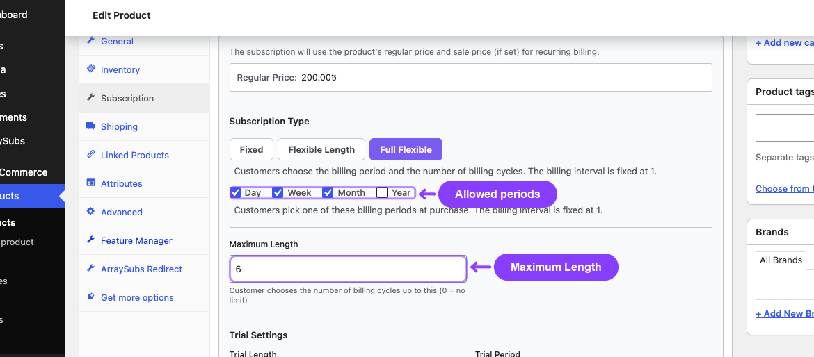 Subscription tab — Full Flexible selected showing the Available Billing Periods checkboxes and the Maximum Length field