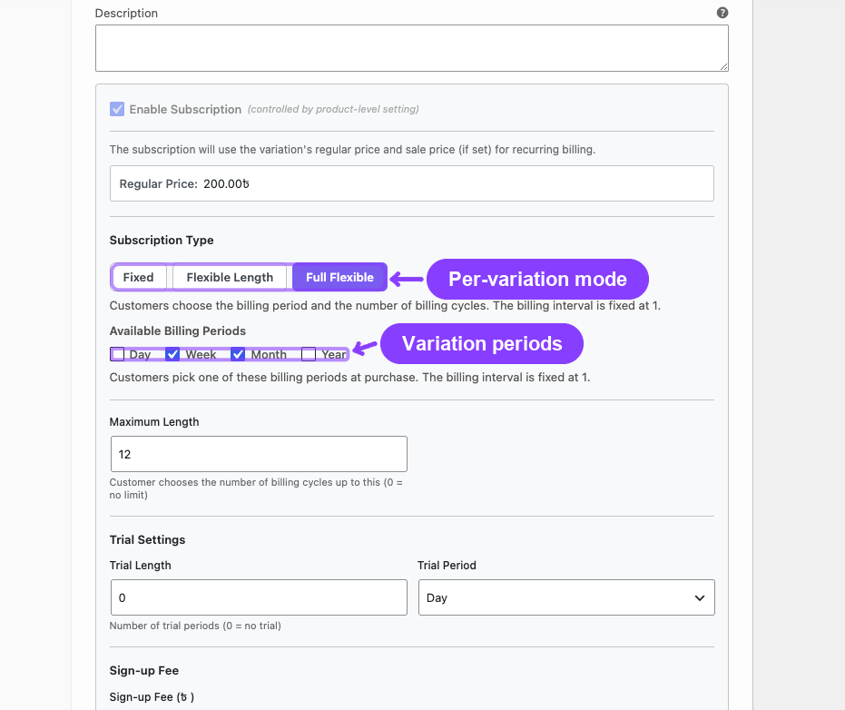 Product variation — per-variation Subscription Type toggle above the variation's Billing Schedule