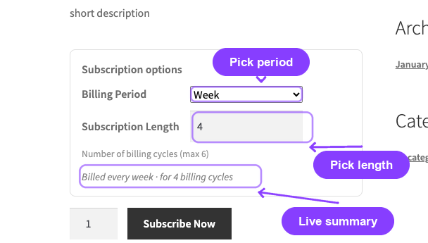 Product page — Subscription options block with a Billing Period dropdown, a Subscription Length input, and a live summary line