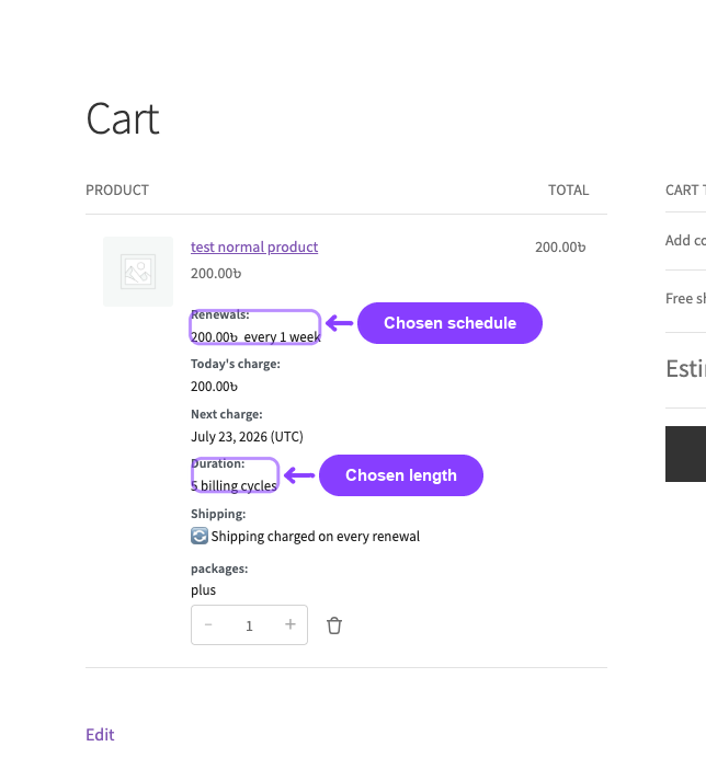 Cart — subscription line item showing the chosen "Every week" renewal schedule and "5 billing cycles" duration
