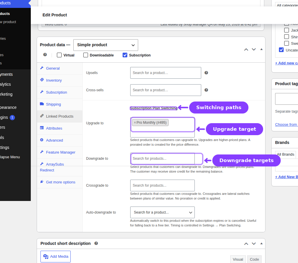 Basic Monthly Linked Products tab — Subscription Plan Switching fields with Upgrade, Downgrade, Crossgrade, and Auto-downgrade