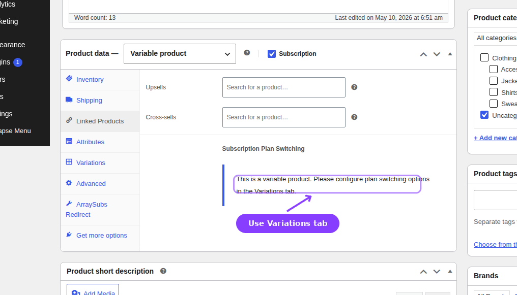 Variable product Linked Products tab — notice directing plan switching setup to the Variations tab