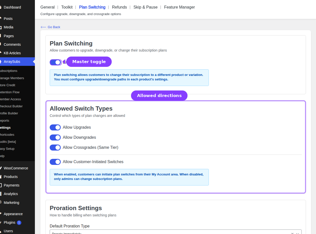 ArraySubs Plan Switching settings — Enable Plan Switching toggle and Allowed Switch Types section