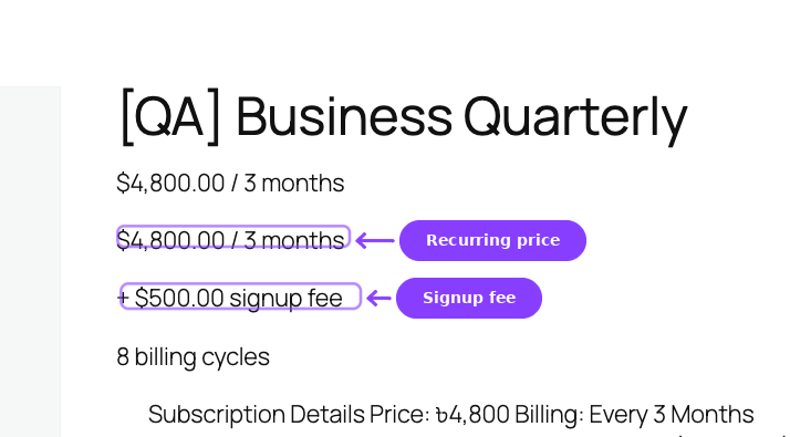 Simple product page — recurring price, signup fee, and billing schedule display