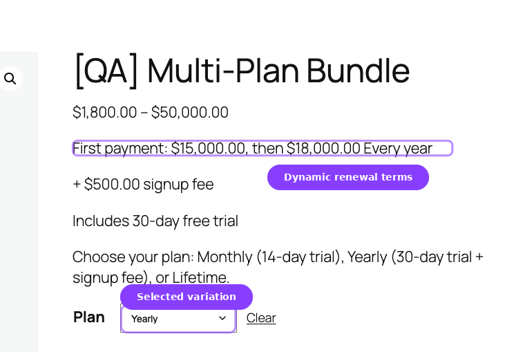 Variable product page — variation Plan dropdown selected with dynamic first-payment and renewal terms
