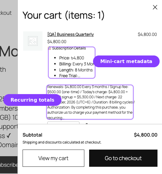 Mini-cart drawer — Subscription Details list and recurring totals