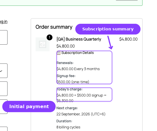 Checkout order summary — subscription metadata block and initial payment total