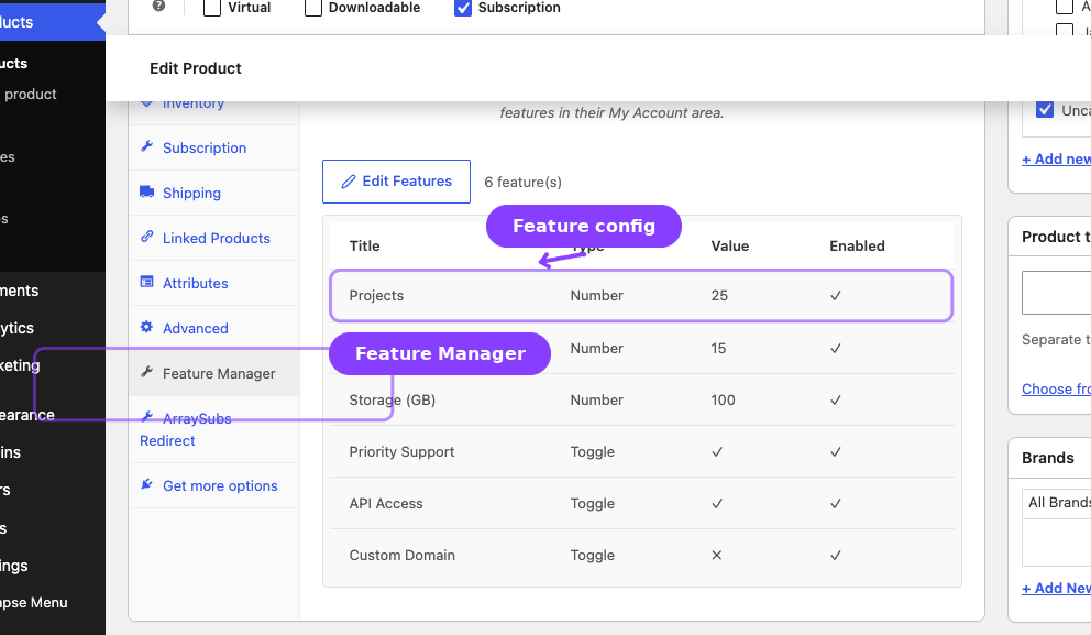 Feature Manager product data tab — Edit Features button and configured entitlements table