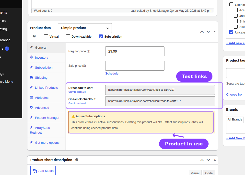 Basic Monthly General tab — Helper Links section and Active Subscriptions warning