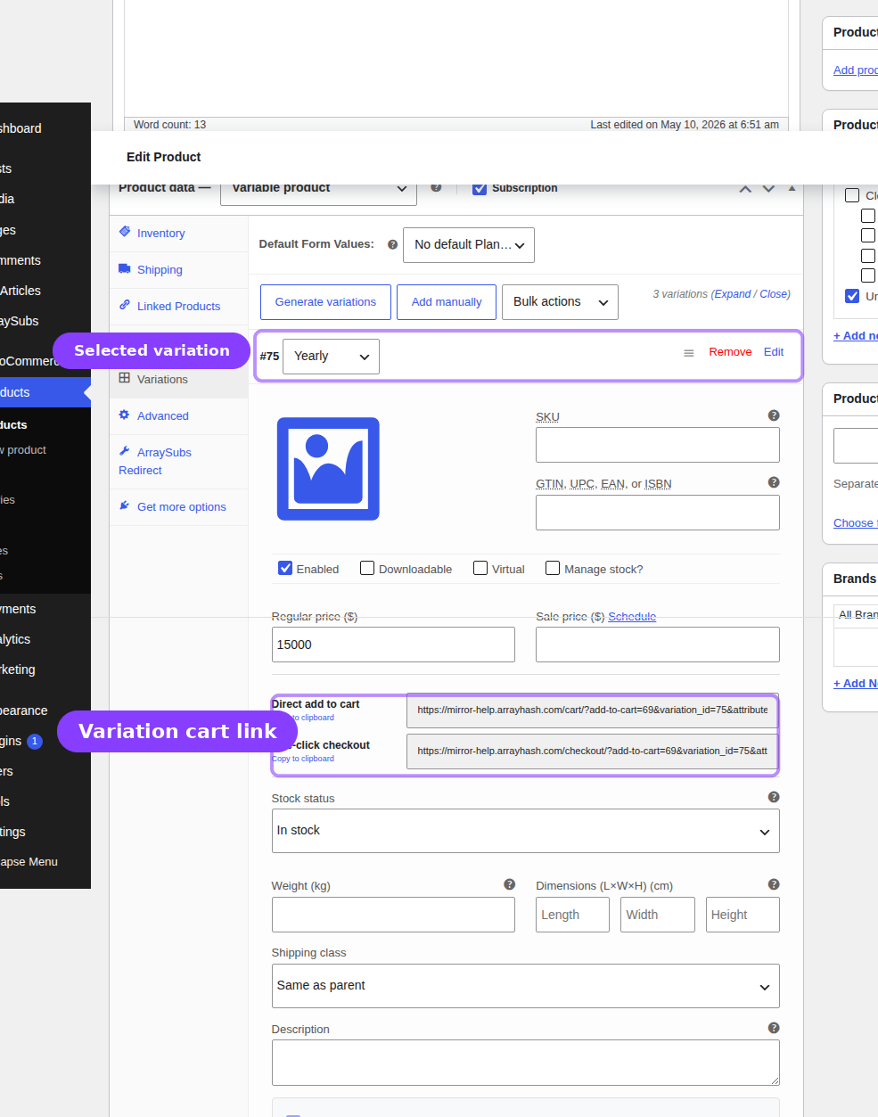 Yearly variation helper links — Direct add to cart and One-click checkout variation-specific URLs