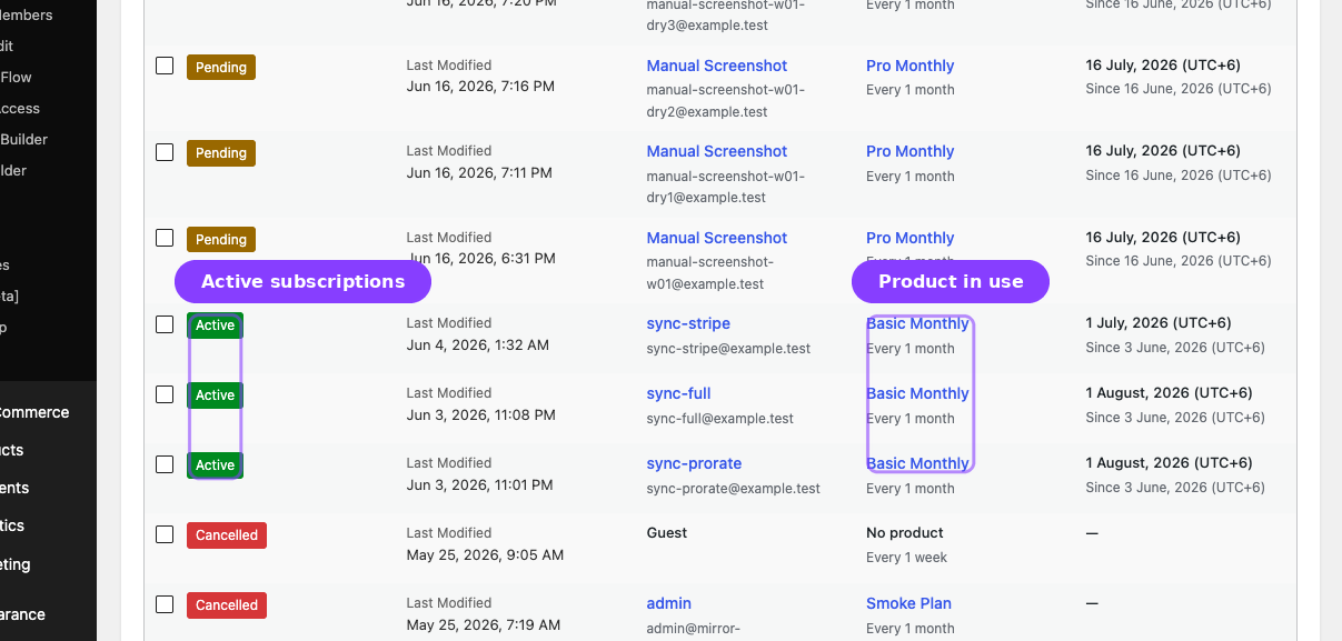 ArraySubs subscriptions list — active subscriptions using Basic Monthly product with status badges