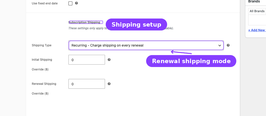 Subscription Shipping product settings — Shipping Type dropdown and shipping override fields