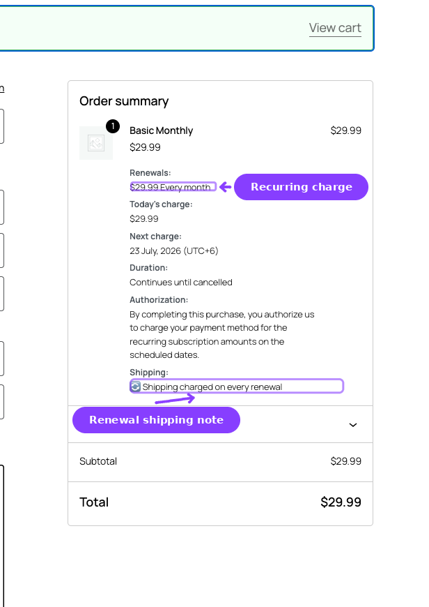 Checkout order summary — renewal shipping note and recurring charge