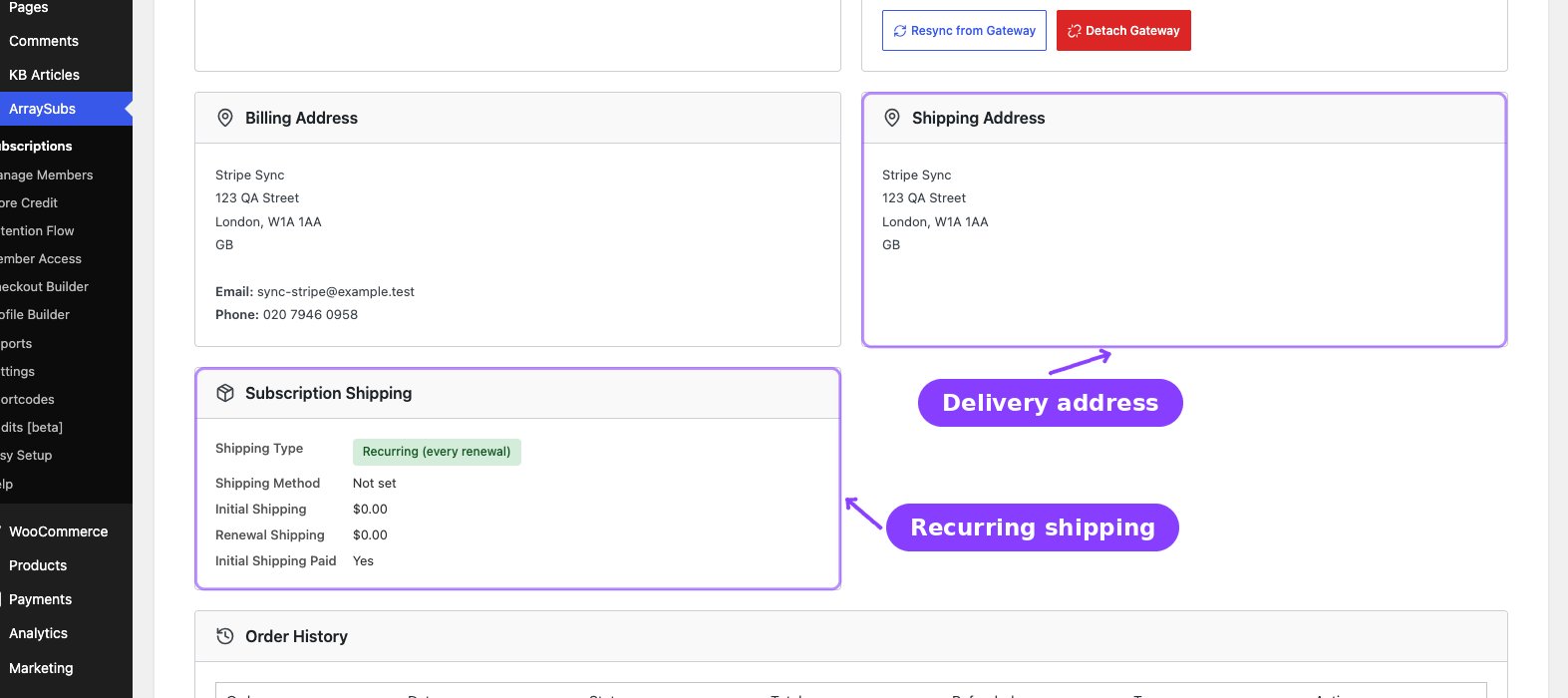Admin subscription detail — Subscription Shipping card and Shipping Address card