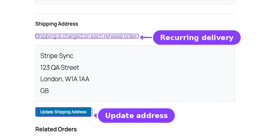 Customer portal shipping section — recurring delivery note and Update Shipping Address button