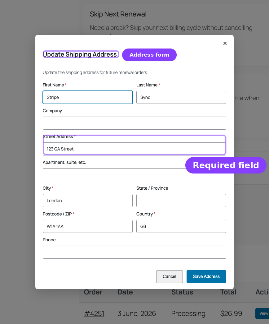 Update Shipping Address modal — address form with required fields