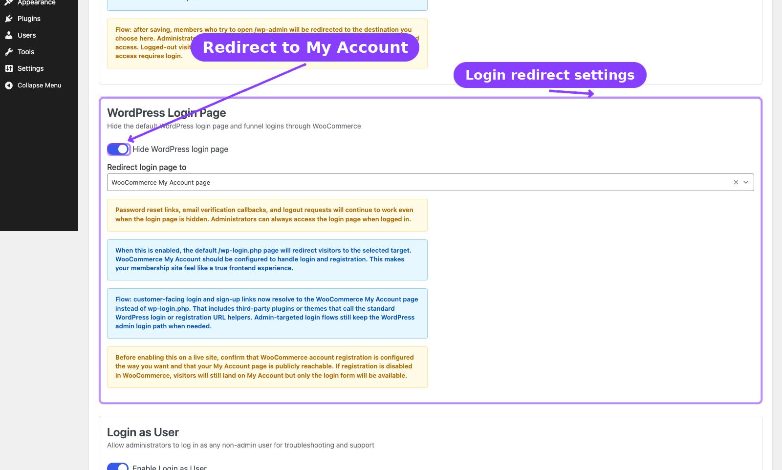 ArraySubs Toolkit settings — WordPress Login Page section with redirect toggle