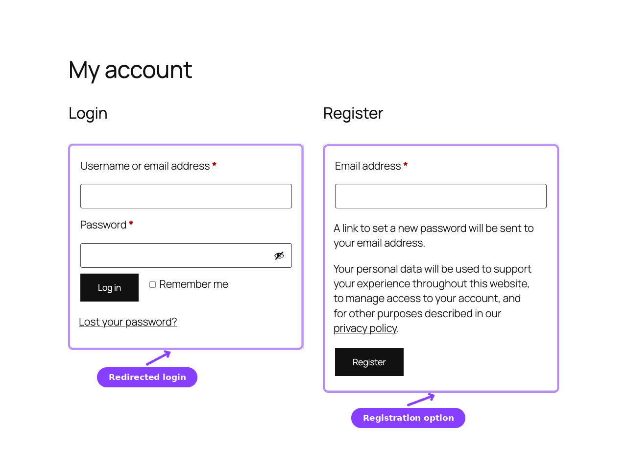 Redirected login page — WooCommerce Login and Register forms after visiting /wp-login.php